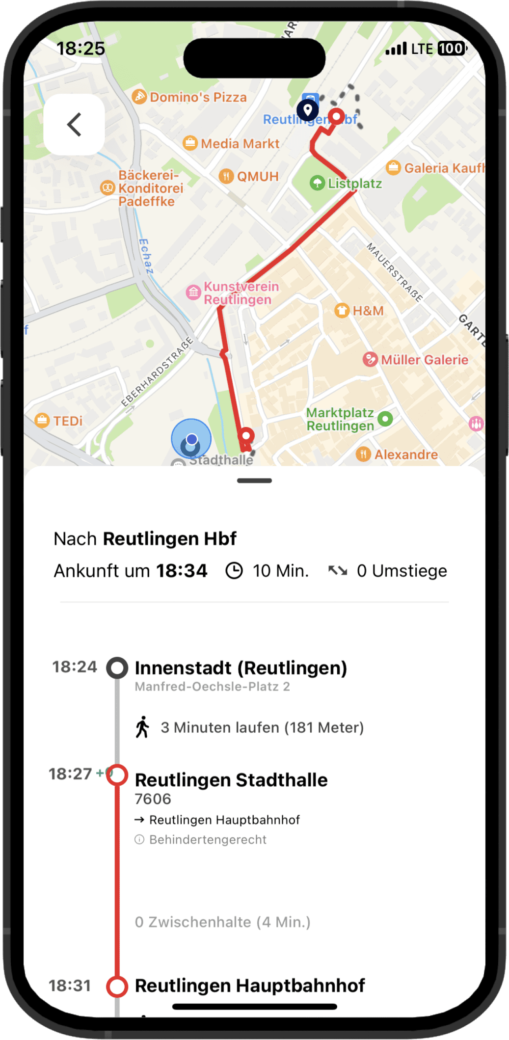 Routendetails Screen der Arrive Mobility App