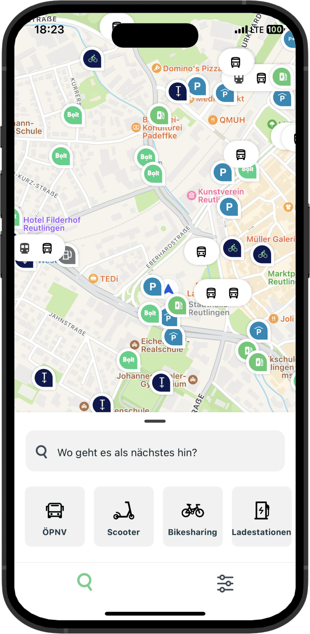 Erkunden Screen der Arrive Mobility App