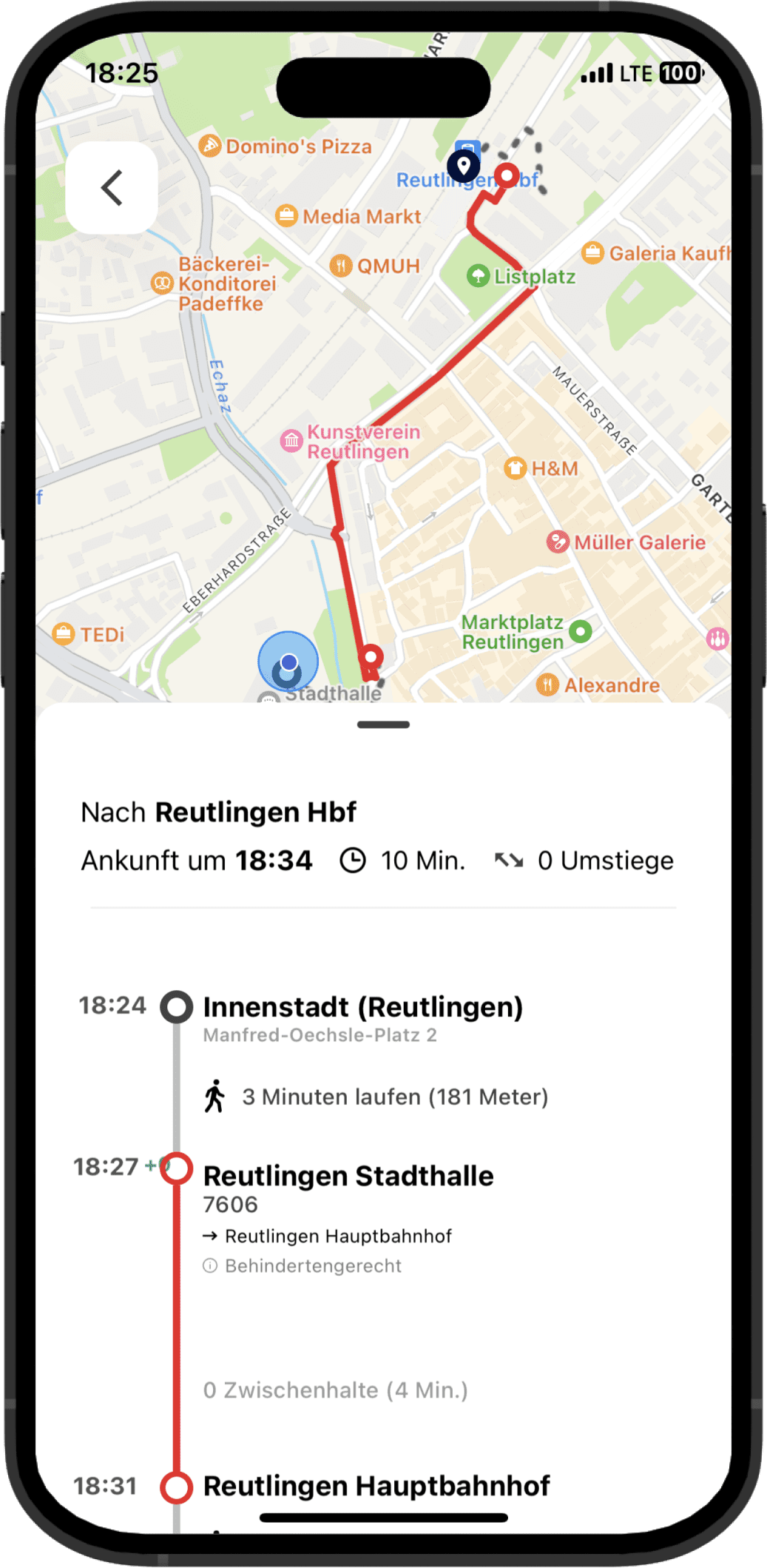 Routing details screen of the Arrive Mobility App